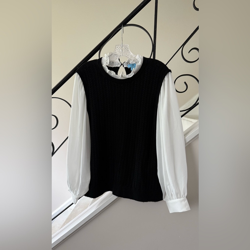 CeCe Black Knit Vest with White Bishop Sleeve Blouse